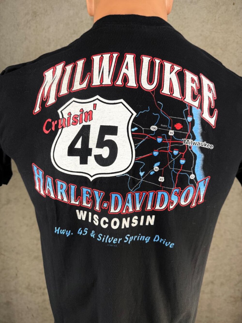 Harley Davidson T Shirt Mens L Black Milwaukee Cruisin 45 Map Graphic Vintage